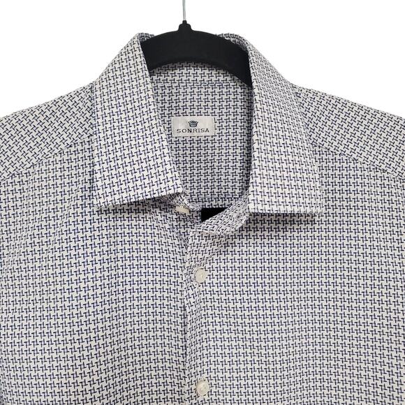 SONRISA Button Up Shirt Mens 15.5 Blue Geometric Long Sleeve Business Office - Picture 1 of 9